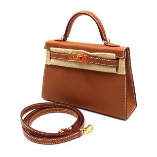 Hermes Gold Sellier Kelly 20 Crossbody Brown Epsom Leather Mini Bag NEW: Brand: HermÃ¨sExterior Material: Leather Style: Satchel/Top Handle BagExterior Color: Gold Department: WomenProduct Line: HERMÃˆS Kelly Lining Color: BrownPattern: Solid Handle/Strap Color: BrownF