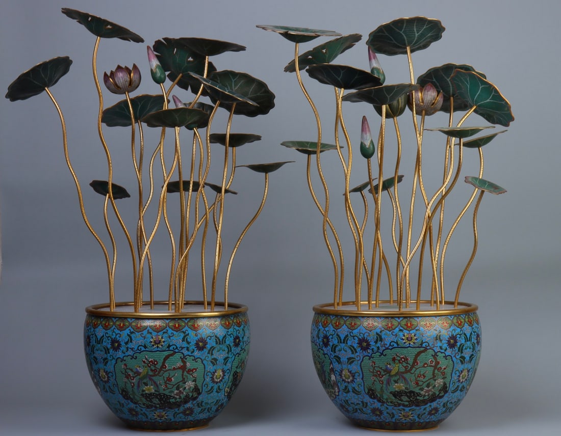 A pair of 18th-century cloisonne bonsai: Height:78cm, width:42cm