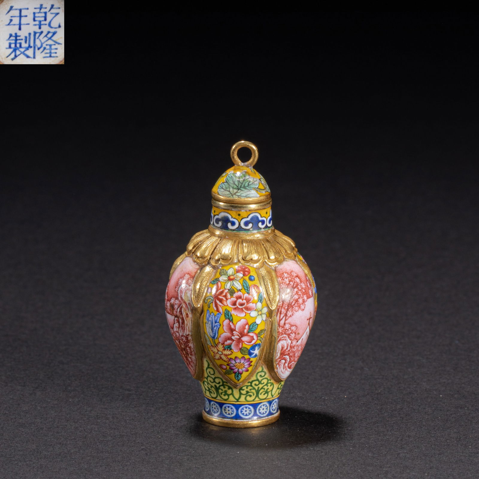 18th-century gold-painted enamel snuffet: Height?5.5cm, width?3cm