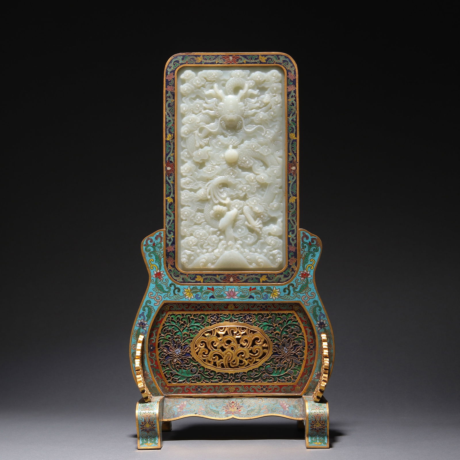 A 18th-century cloisonne screen inlaid with Hetian jade (1 of 9)