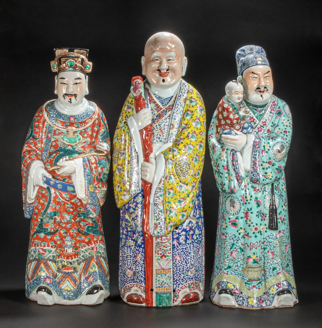 The three stars of happiness, prosperity and longevity in pastel colors from the 18th century: Height?61cm