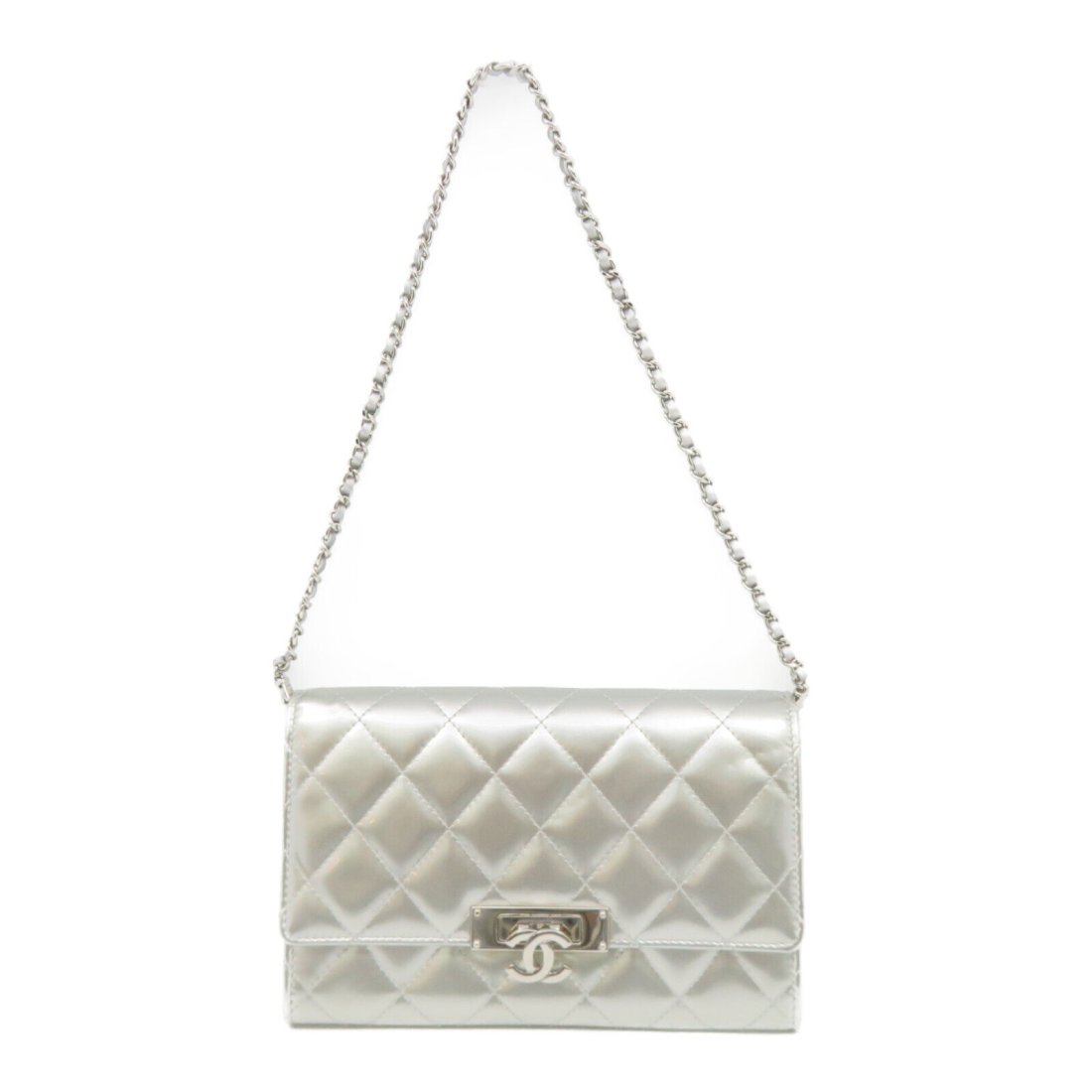 Chanel Quilted CC Chain Shoulder Bag Handbag Patent Leather Silver Color (1 of 10)