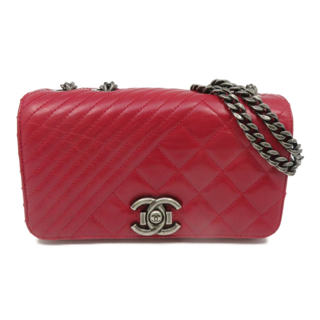 Chanel Quilted CC SHW Chain Shoulder Bag Crossbody Aged Calfskin Leather Red (1 of 10)