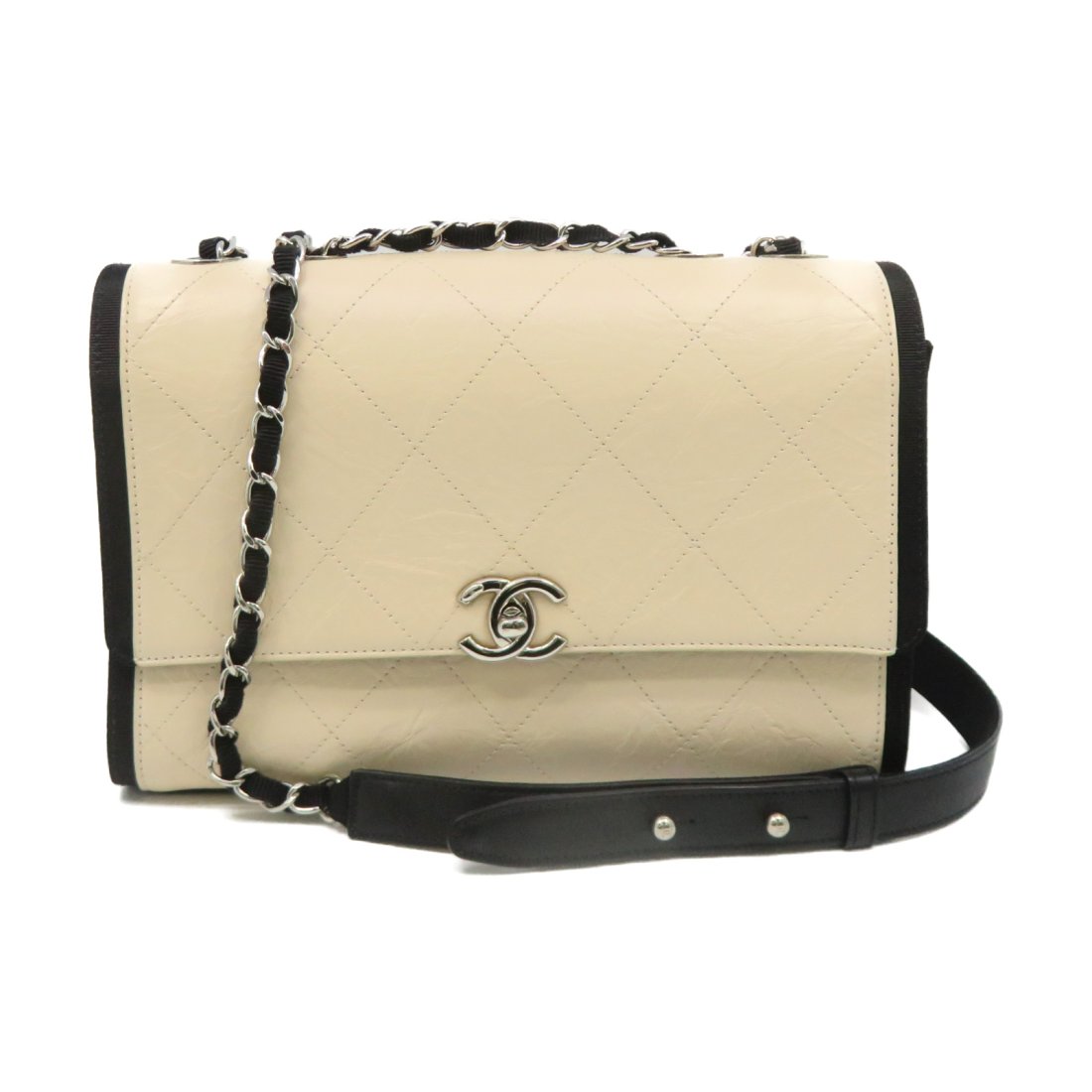 Chanel Quilted SHW CC Chain Shoulder Bag Calfskin Leather Beige Black (1 of 11)