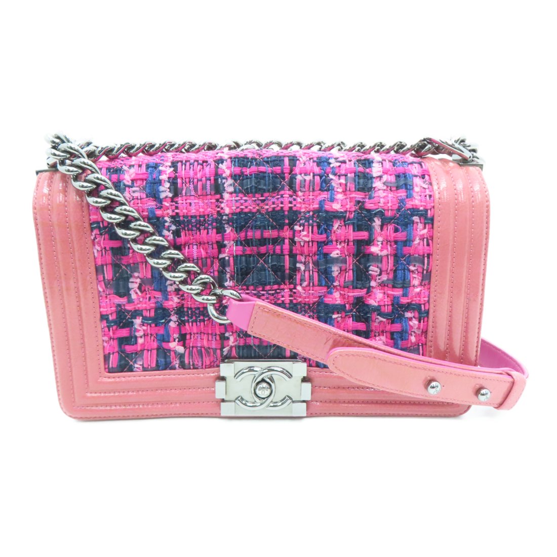 Chanel Quilted CC SHW Boy 25 Chain Shoulder Bag Enamel Leather Fabric Pink (1 of 9)
