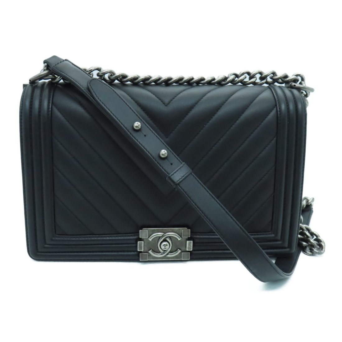 Channel Herringbone CC SHW Boy Shoulder Bag Calfskin Leather Black (1 of 10)