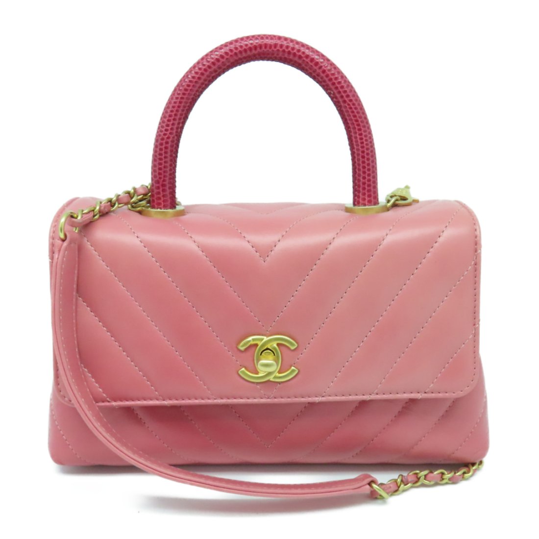 Chanel Herringbone CC GHW Small Coco Handle Chain Shoulder Bag Calfskin Pink (1 of 10)
