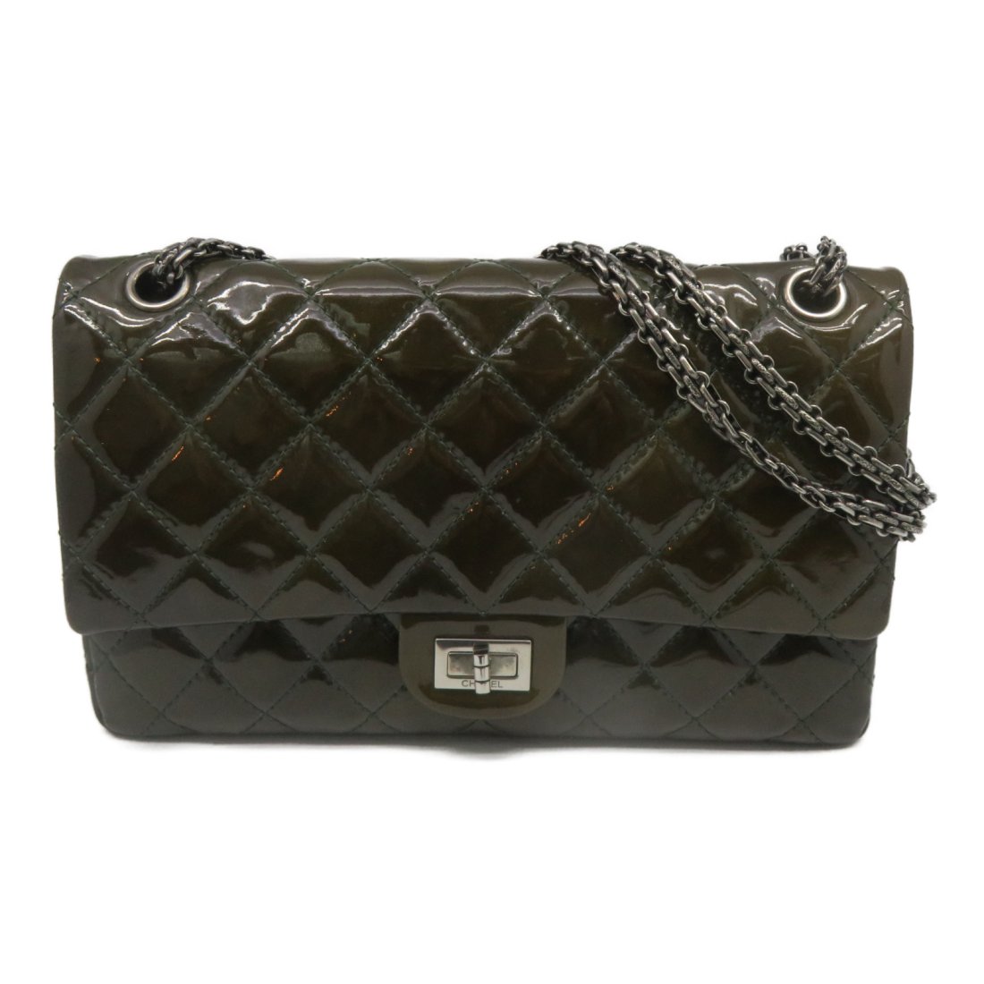 Chanel Quilted CC Chain Shoulder Bag Handbag Khaki Patent Leather (1 of 10)