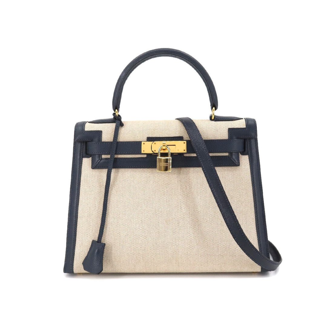 HERMES Kelly 28 Hand Bag Toile H Couchevel Natural Blue indigo Purse (1 of 9)