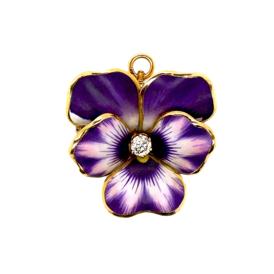 14CT Yellow Gold Diamond Pansy Enamel Convertible Pendant Brooch: A 14ct yellow gold diamond Pansy enamel convertible pendant brooch. Features one Old European cut diamond, with purple, pink and white enamel Orchid. Weight at 7.34g and measures 41mm in length by 28.