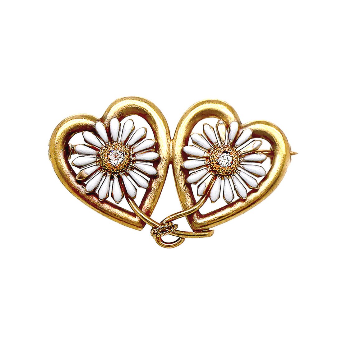 14CT Yellow Gold Double Heart With White Enamel Daisy And Diamond Brooch (1 of 4)