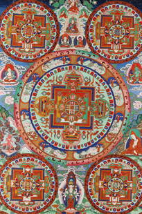 Tibetan Mandala Thangka: Subject: Buddhist MandalaType: PaintingMaterials: ClothMarkings & Inscriptions: UnsignedDate: C. mid 20th centuryMaker: Tibet / Nepal / HimalayanDescription: A large Buddhist Mandala Thangka painting