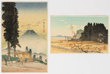 Takahashi Hiroaki Shotei, Two Woodblock Prints: Title: Tea House and Mt. Fuji and Shrine in the WoodsSubject: LandscapeType: Woodblock printMaterials: Rice paperMarkings & Inscriptions: Each bearing sealDate: Early to mid 20th centuryMaker: Takahas