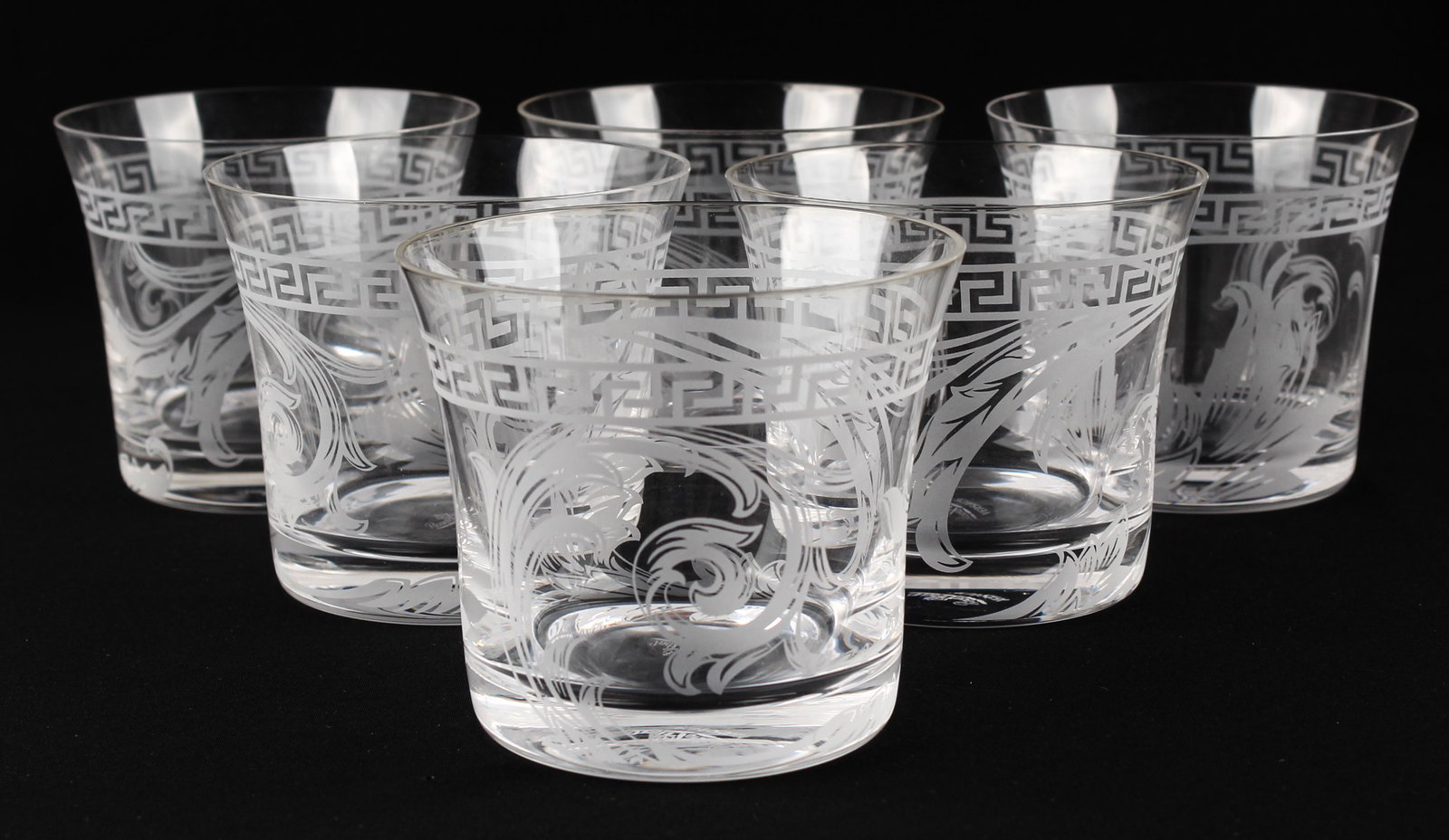 Versace For Rosenthal, Six Arabaesque Tumblers: Type: Tumbler / drinking glassMaterials: GlassMarkings & Inscriptions: MarkedDate: Late 20th / 21st centuryMaker: RosenthalDescription: A set of tumblers or double old fashioned drinking glasses in th