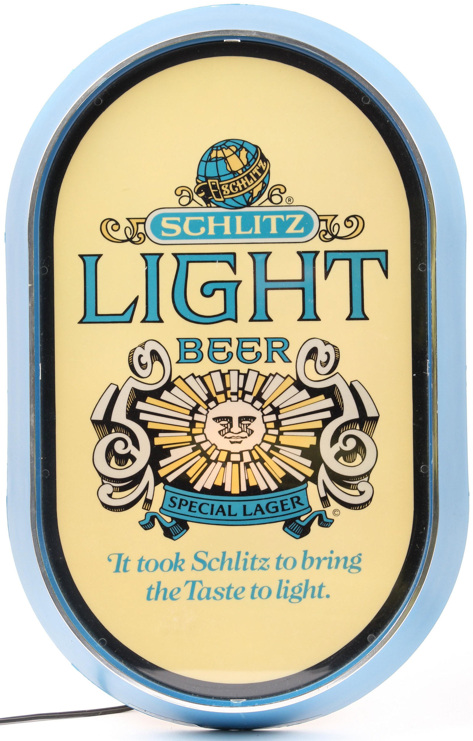 Schlitz Light Illuminated Beer Sign: Type: Beer sign/bar lightMaterials: PlasticMarkings & Inscriptions: LabeledDate: 1977Maker: Schlitz Brewing Co.Description: An illuminated beer sign for Schlitz Light Beer.