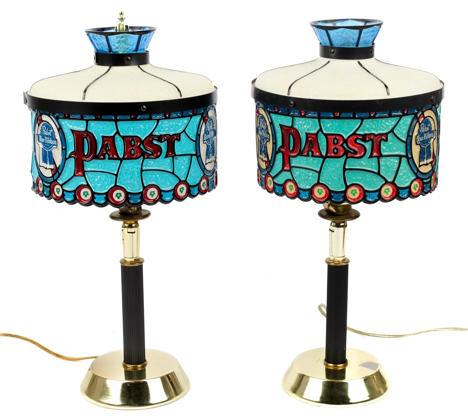 Two Pabst Blue Ribbon Bar Lights: Type: Bar lightMaterials: Plastic and Metal Markings & Inscriptions: UnmarkedDate: Mid-Late 20th centuryMaker: PabstDescription: Two articulating bar lights which function as either table lamps or wal