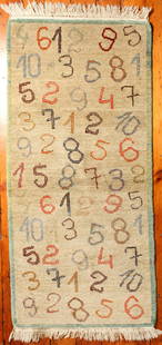 Oriental Child's Rug , Mid 20th Century: Type: Rug Materials: Dyed wool Markings & Inscriptions: Unmarked Date: Mid 20th century Maker: Probably Turkish Description: A hand knotted rug decorated with alternating sets of numbers. Dimensions: