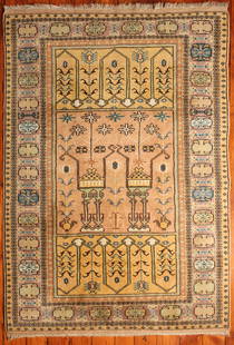 Turkish Oushak Rug: Type: Rug Materials: Wool Markings & Inscriptions: Unmarked Date: Mid 20th century Maker: Turkish Description: A hand knotted Turkish Oushak rug with pictorial and geometric decoration. Dimensions: