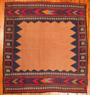 Turkish Sofreh Kilim Rug: Type: Rug Materials: Dyed wool Markings & Inscriptions: Unmarked Date: Early to mid 20th century Maker: Turkish Description: A vintage Turkish Kilim flat weave rug with geometric design. Dimensions: