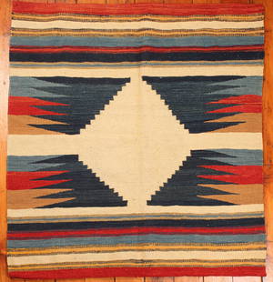 Turkish Kilim Rug: Type: Rug Materials: Dyed wool Markings & Inscriptions: Unmarked Date: Early to mid 20th century Maker: Turkish Description: A Kilim flat weave rug with geometric design. Dimensions:50" x