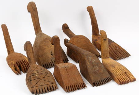 Eight Turkish Carved Rug Weaving Combs: Type: Tool Materials: Wood Markings & Inscriptions: Unmarked Date: Early 20th Century Maker: Turkish Description: Eight Turkish or Middle Eastern rug beaters / combs. Dimensions: Most measure between