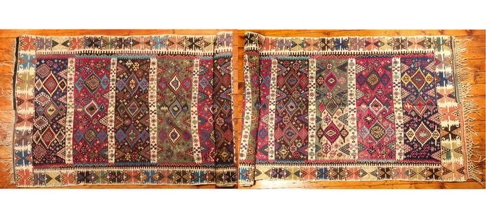 Large Turkish Kilim Hall Runner Rug: Type: Rug Materials: Dyed wool Markings & Inscriptions: Unmarked Date: Mid 20th century Maker: Turkish Description: A large, intricately woven, and colorful Kilim hall rug with geometric borders and m