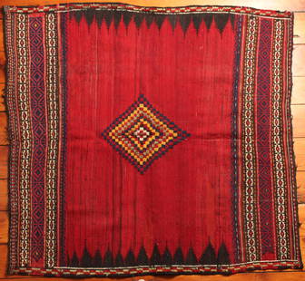 Turkish Sofreh Kilim Rug: Type: Rug Materials: Dyed wool Markings & Inscriptions: Unmarked Date: Early to mid 20th century Maker: Turkish Description: A Sofreh Kilim rug with geometric decoration. Dimensions: 44" x