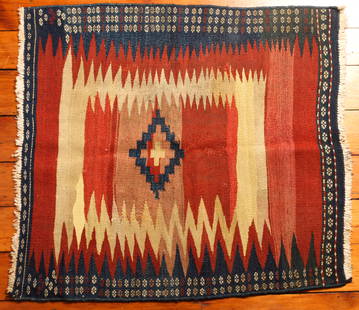 Turkish Kilim Rug: Type: Rug Materials: Dyed wool Markings & Inscriptions: Unmarked Date: Early to mid 20th century Maker: Turkish Description: A Kilim flat weave rug with geometric decoration. Dimensions: 36" x