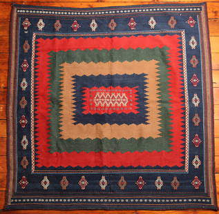 Turkish Sofreh Kilim Rug: Type: Rug Materials: Dyed wool Markings & Inscriptions: Unmarked Date: Early to mid 20th century Maker: Turkish Description: A colorful Sofreh Kilim rug with geometric decoration. Dimensions: 57" x