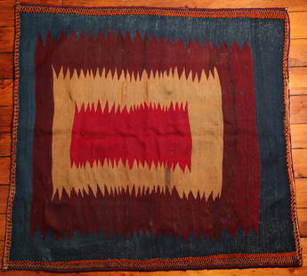 Turkish Sofreh Kilim Rug: Type: Rug Materials: Dyed wool Markings & Inscriptions: Unmarked Date: Early to mid 20th century Maker: Turkish Description: A colorful Sofreh Kilim rug with geometric decoration. Dimensions: 52" x