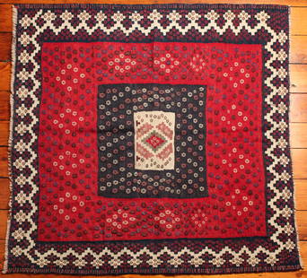 Turkish Sofreh Kilim Rug: Type: Rug Materials: Dyed wool Markings & Inscriptions: Unmarked Date: Early to mid 20th century Maker: Turkish Description: A complex and intricately woven Sofreh Kilim flat weave rug with geometric