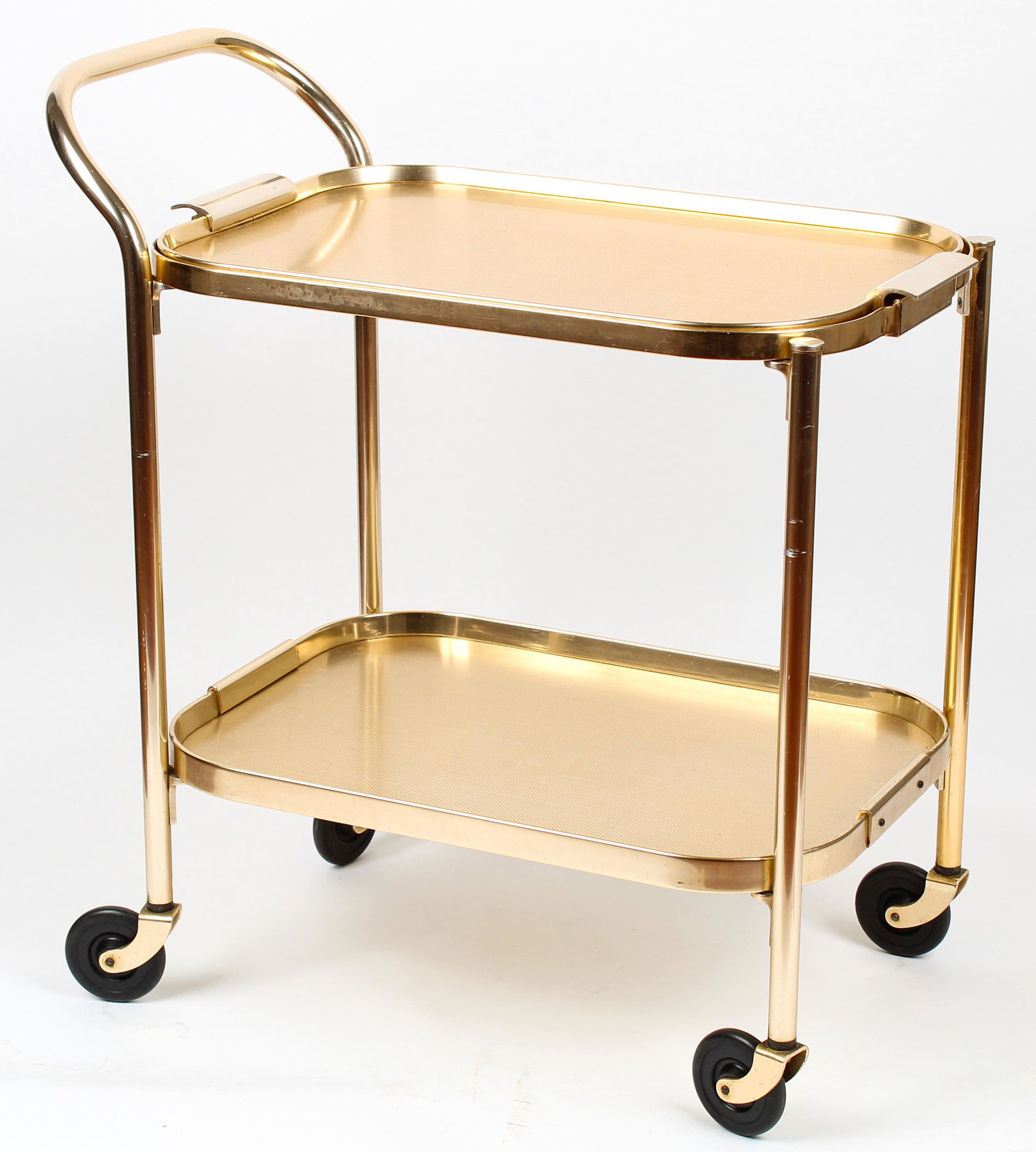 Kaymet London Ltd. Gold Anodized Bar Cart: Type: Bar cart Materials: Aluminum Markings & Inscriptions: Marked Date: Ca. 1970s Maker: Kaymet Description: A mid century gold anodized aluminum bar cart, made in England. Dimensions: 26" H x 14" W 