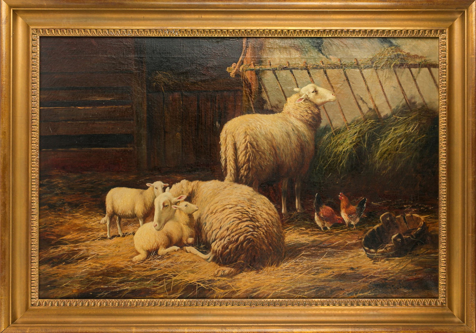 C. Von Fascini (Italian, 19th/20th C.) Barnyard with Sheep: Title: Untitled (barnyard with sheep) Subject: Genre scene Type: Painting Materials: Oil on canvas Markings & Inscriptions: Signe dbottom right Date: Ca. 1900 Maker: C. Von Fascini (Italian, 19th/20th