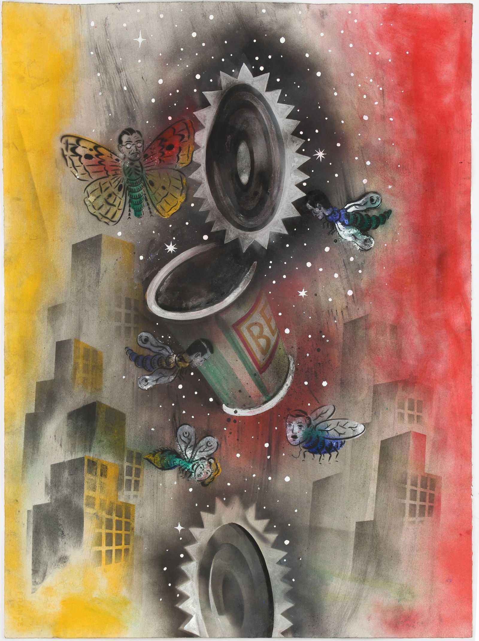 Mason Rader (American, B. 1961) Bean Can By Moonlite: Title: Bean Can By Moonlite Br> Type: Painting Materials: Mixed media with spray paint on paper Markings & Inscriptions: Signed and dated (titled verso) Date: 1994 Maker: Mason Rader (American, B. 19