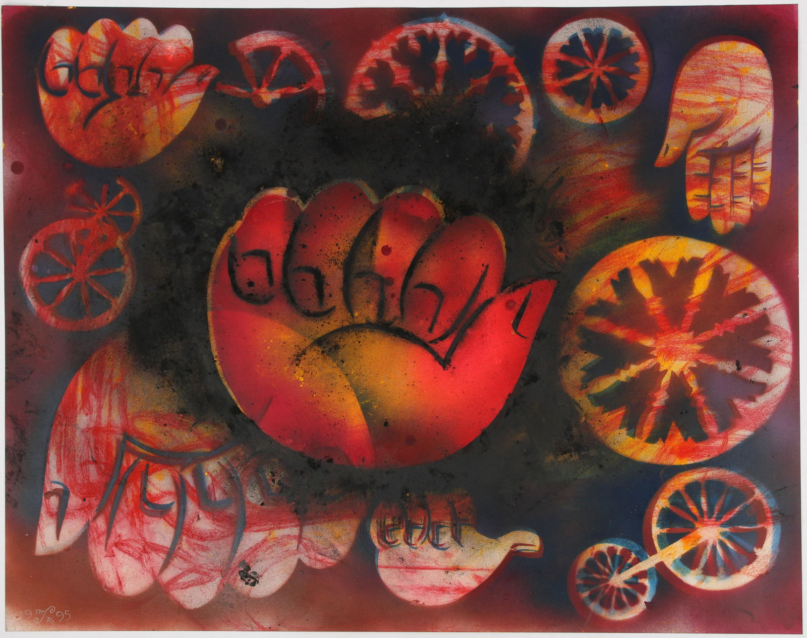 Mason Rader (American, B. 1961) Rope Burn: Title: Rope Burn Br> Type: Painting Materials: Mixed media with spray paint on paper Markings & Inscriptions: Signed and dated (titled verso) Date: 1995 Maker: Mason Rader (American, B. 1961) Descrip