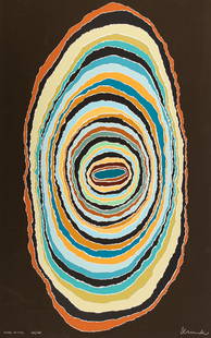 Arthur Secunda (American, B. 1927) Rings Of Time: Title: Rings Of Time Subject: Abstract Type: Serigraph Materials: Wove paper Markings & Inscriptions: Signed, numbered,137/160, and titled Date: Maker: Description: A color serigraph depicting rippl