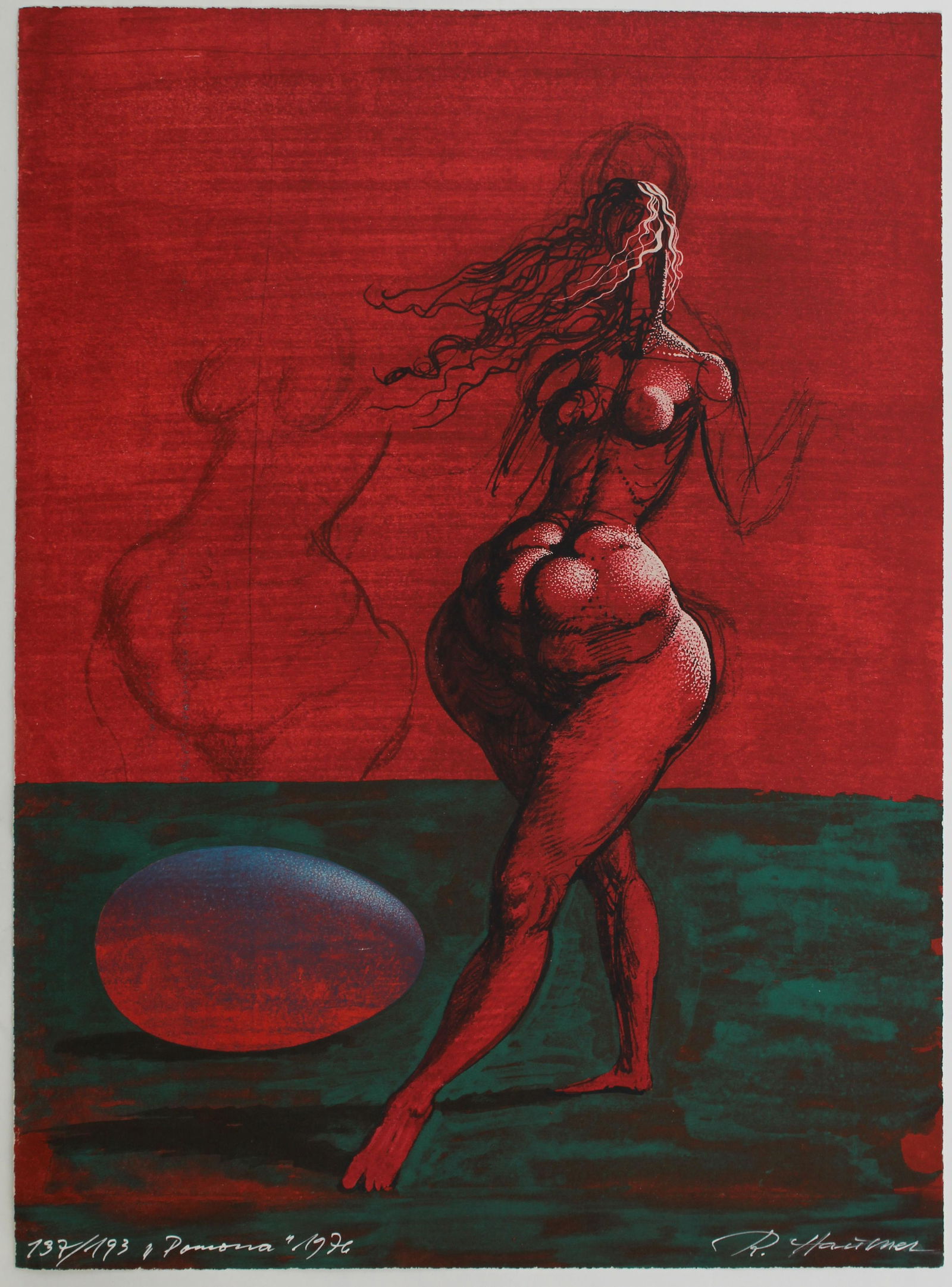 Rudolf Hausner (Austrian, 1914-1995) Pamona: Title: Pamona Subject: Figure Type: Lithograph Materials: Wove paper Markings & Inscriptions: Signed, titled, dated, and numbered 137/193 Date: 1976 Maker: Rudolf Hausner (Austrian, 1914-1995) Descri