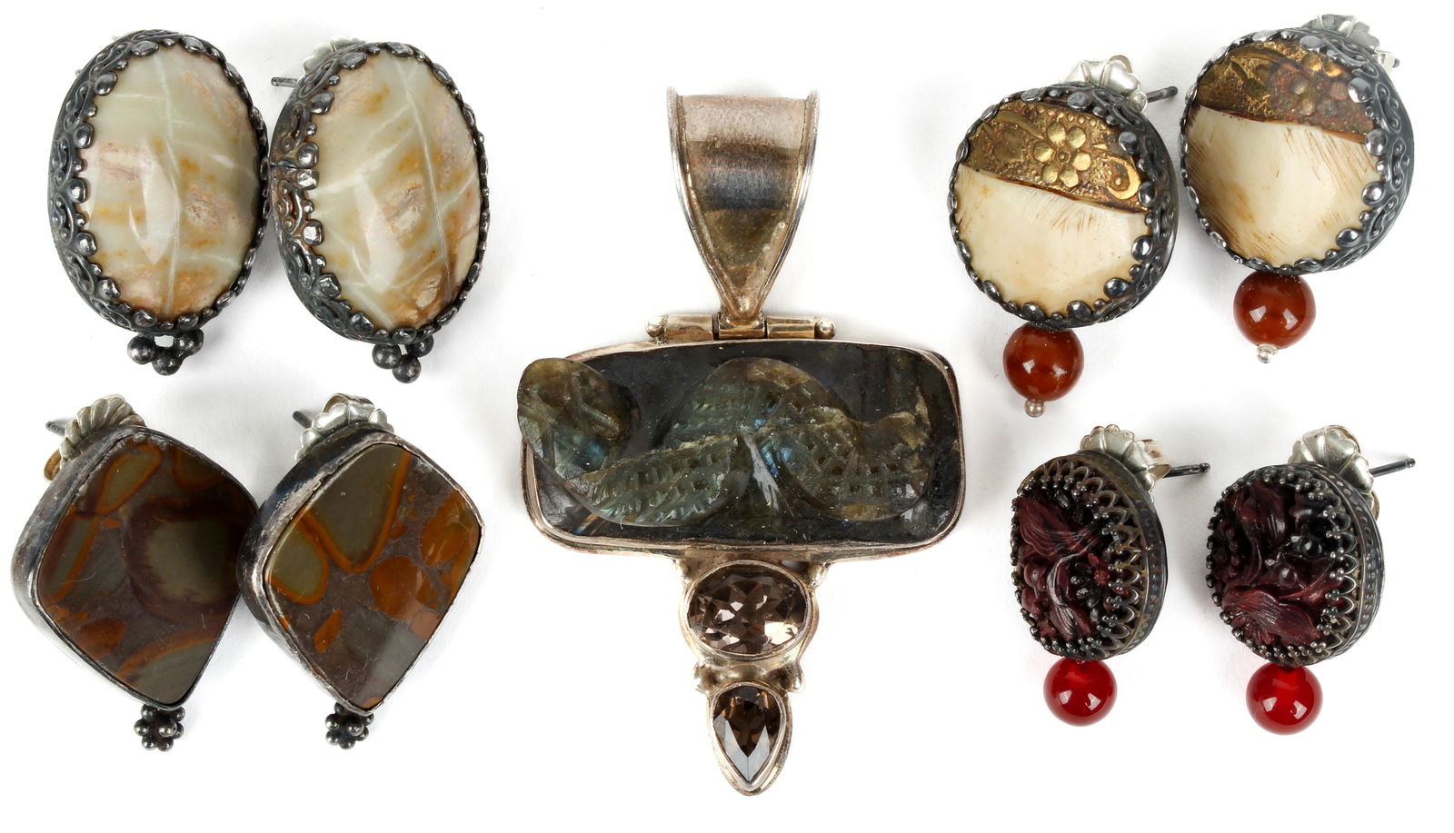 Four Pairs of Artisan Earrings & a Carved Snake Stone, Gemstone and Silver Pendant (1 of 7)