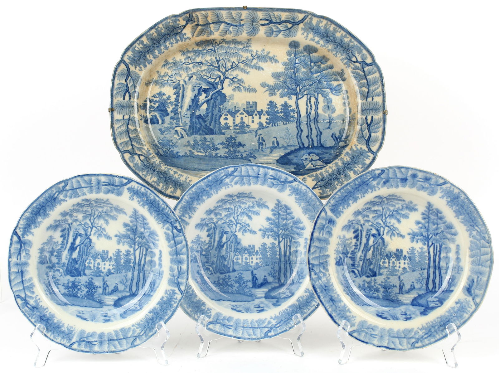 Davenport Stafforshire Blue & White Pearlware Platter, Bowls (1 of 5)