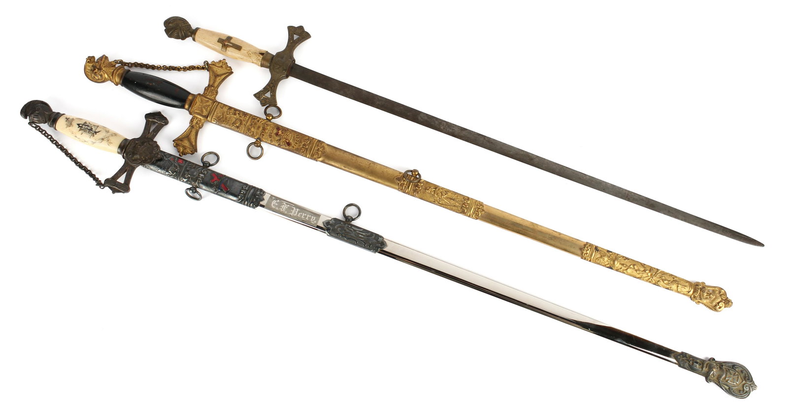 Three Civil War Era Masonic Swords: Type: Sword Materials: Brass, metal, bone, enamel Markings & Inscriptions: Marked Date: 19th century Maker: Horstmann, Louis E. Stilz & Bro. Description: Three antique Masonic dress swords, including 