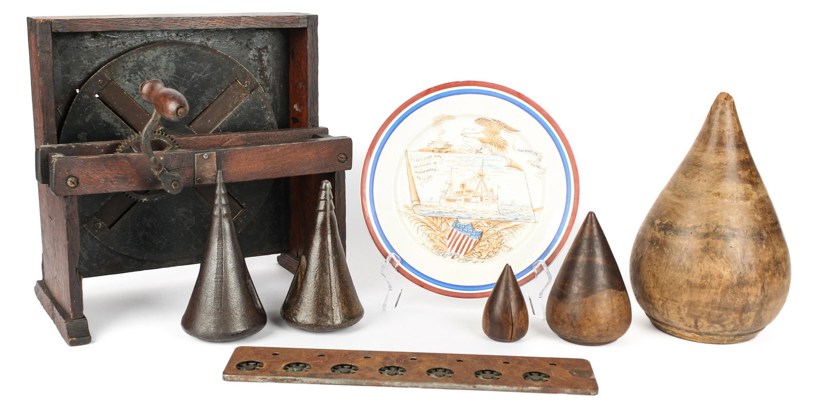 Primitives: Type: Primitives Materials: Wood, metal, ceramic Markings & Inscriptions: Some marked Date: 19th & 20th century Maker: Various Description: Three antique wooden plumbers turnpins, two Oregon cast iron