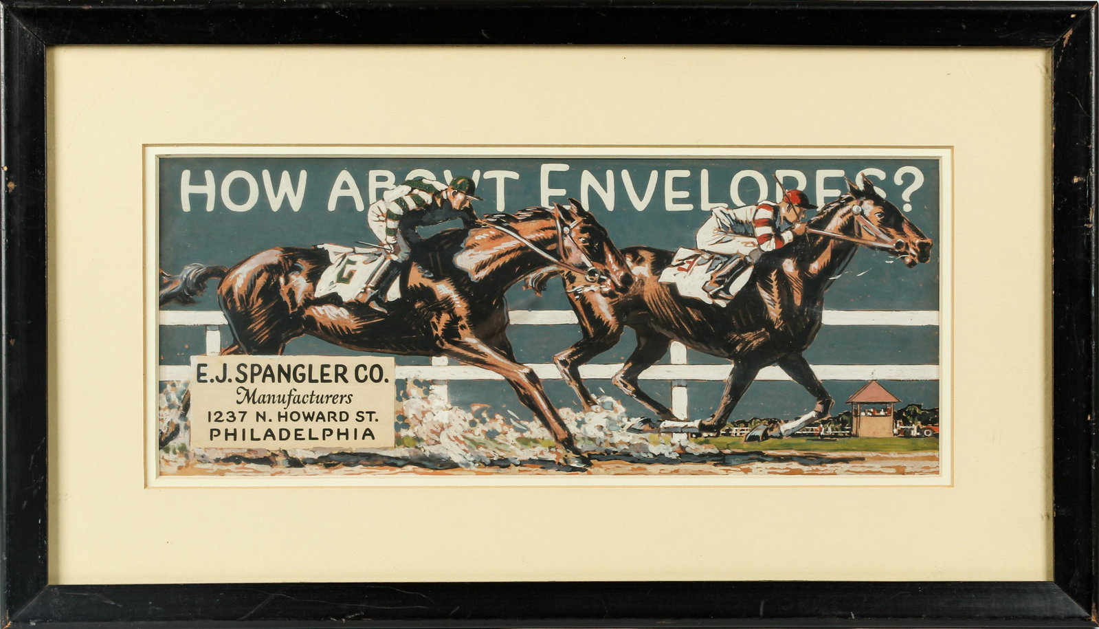 Horse Racing Advertising Illustration Ca. 1930, E.J. Spangler Co. Philadelphia: Title: How About Envelopes? Subject: Sporting Type: Painting Materials: Gouache on board Markings & Inscriptions: Unmarked Date: Ca. 1930 Maker: E.J. Spangler Co. Description: A gouache advertising il