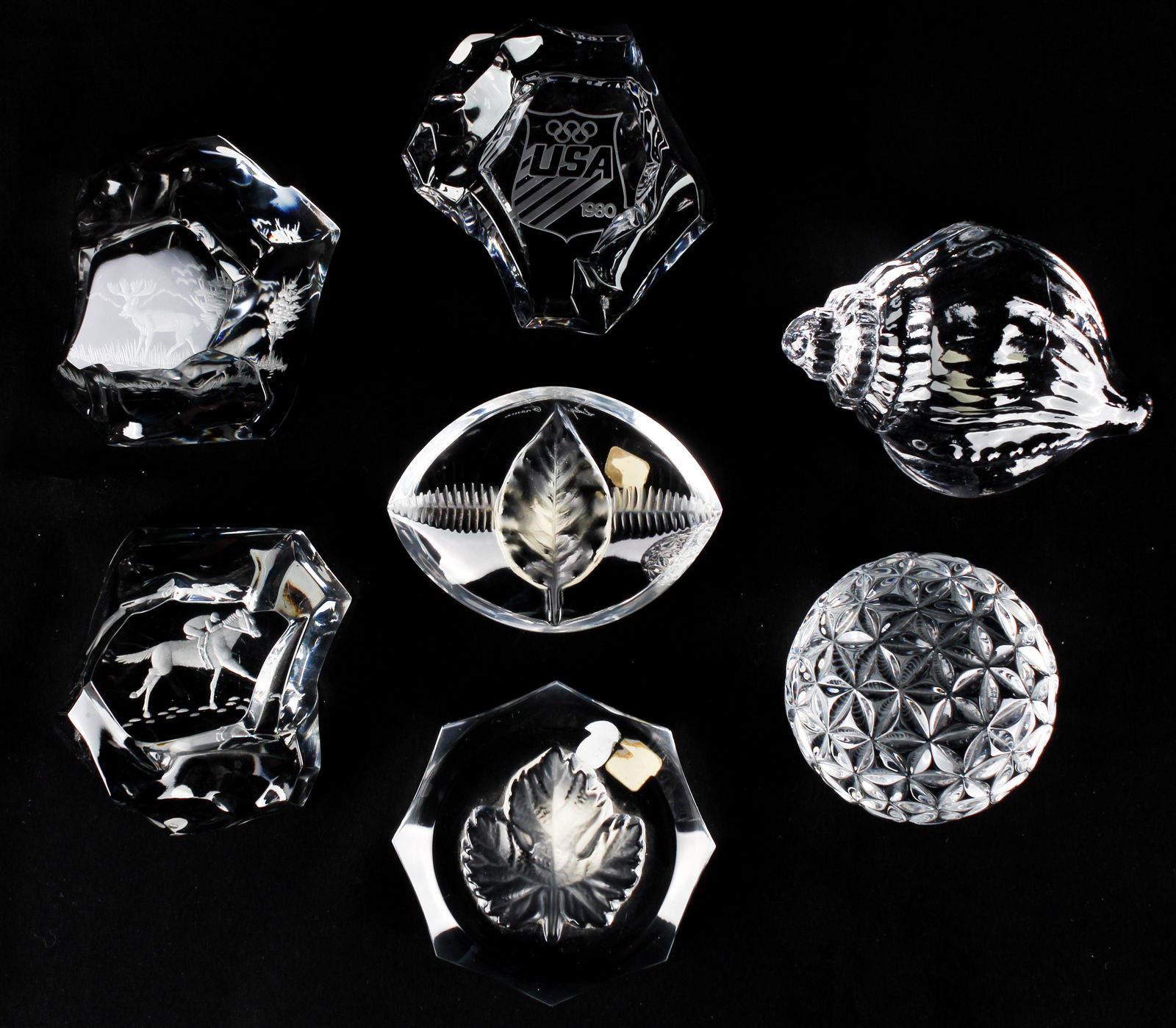 Seven Clear Glass Paperweights, Lalique, Waterford, Val St. Lambert (1 of 6)