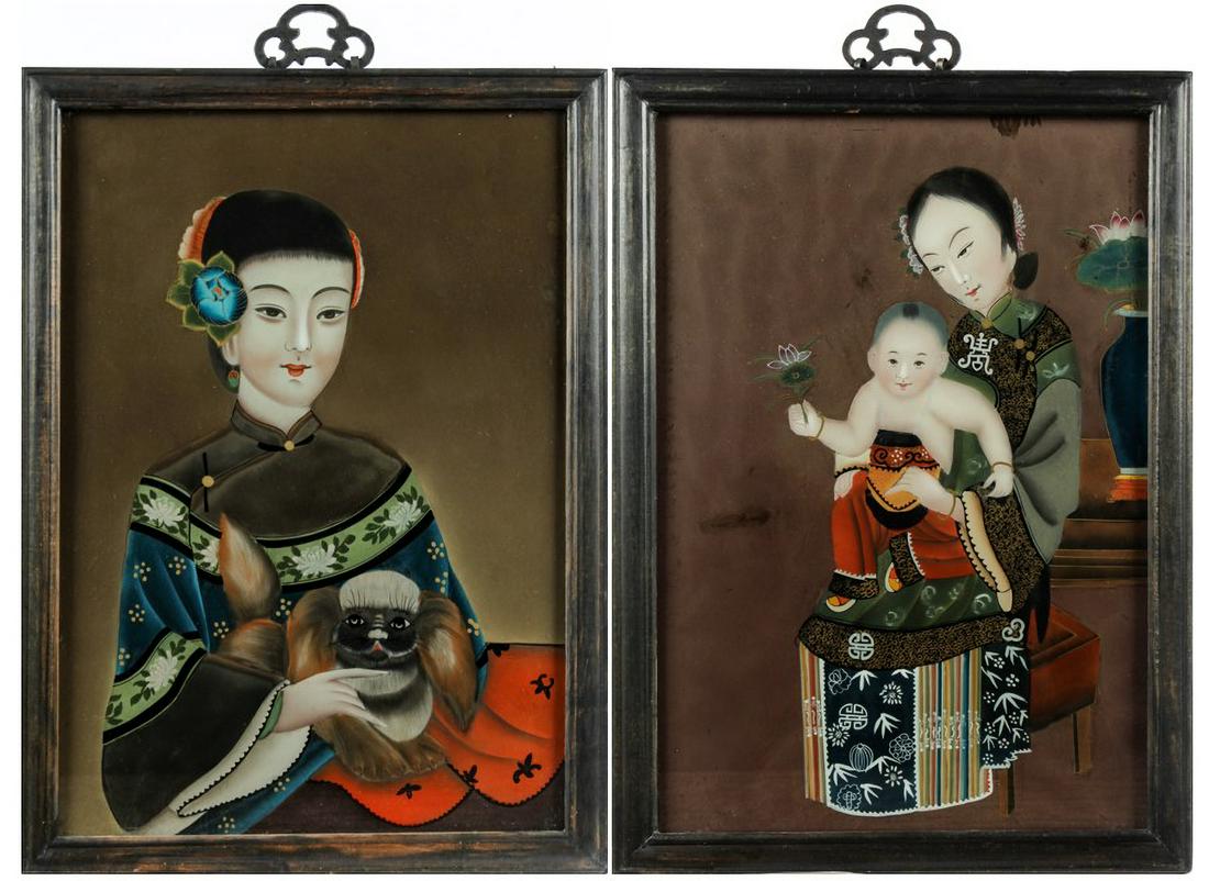 Two Chinese Reverse Painted Rosewood Framed Glass Panels (1 of 8)