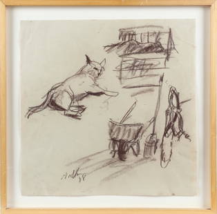 Raoul Middleman (American, 1935-2021) Farm Scene with Cat: Title: Untitled Subject: Cat Type: Drawing Materials: Charcoal on paper Markings & Inscriptions: Signed and dated bottom left Date: 1988  Maker: Raoul Middleman (American, 1935-2021) Description: A dr