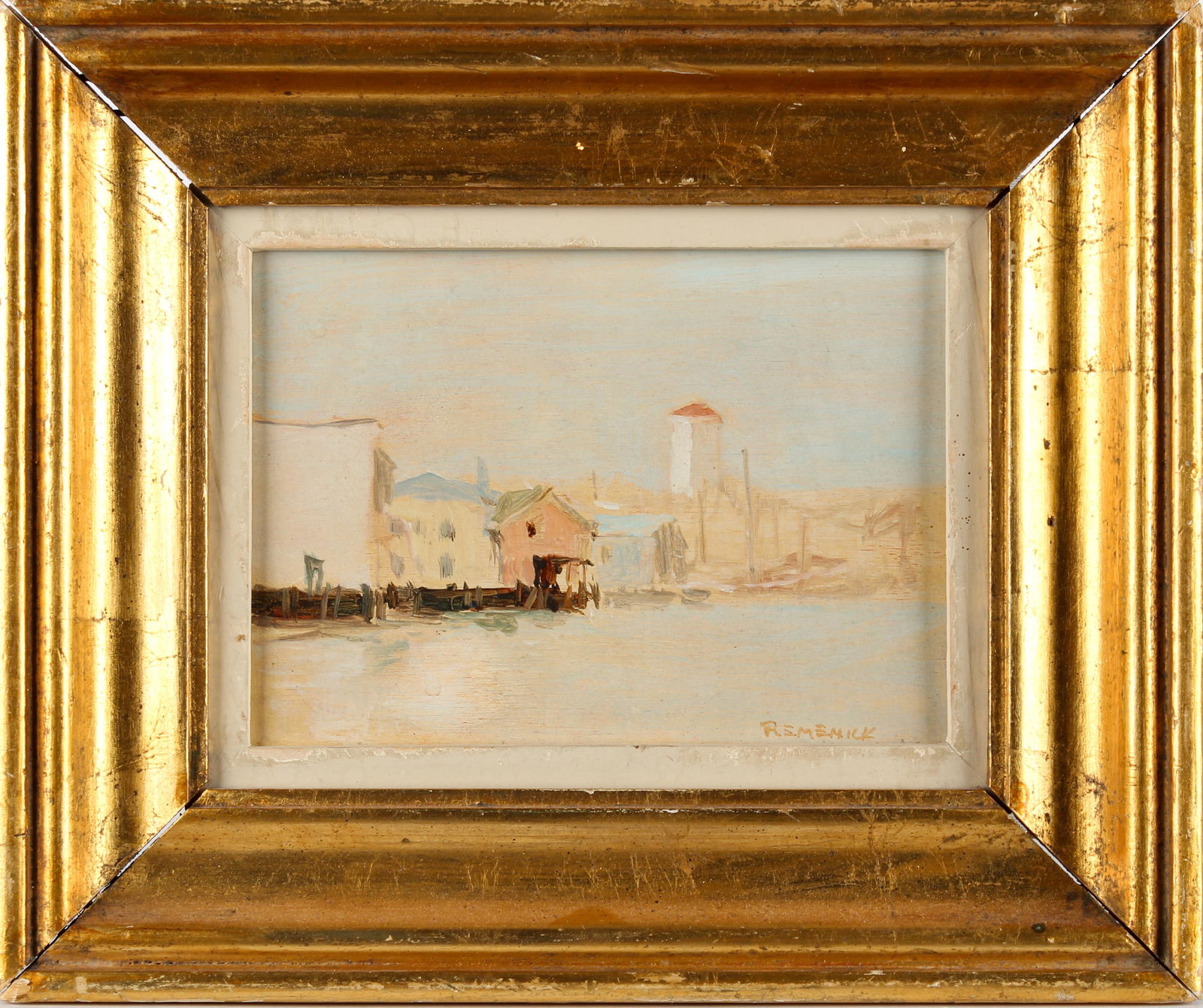 Seymour Remenick (American, 1923-1999): Title: Untitled Subject: Harbor scene Type: Painting Materials: Oil on panel Markings & Inscriptions: Signed lower right Date: Mid to late 20th Century Maker: Seymour Remenick (American, 1923-1999) D