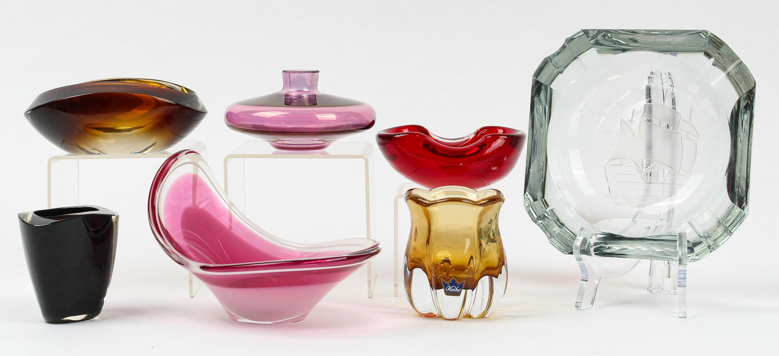 Mid Century Art Glass: Type: Vase, bowl, ashtray Materials: Glass Markings & Inscriptions: Some marked Date: mid to late 20th century Maker: Various Description: Including a pink Flygsfors art glass bowl, a signed Kosta