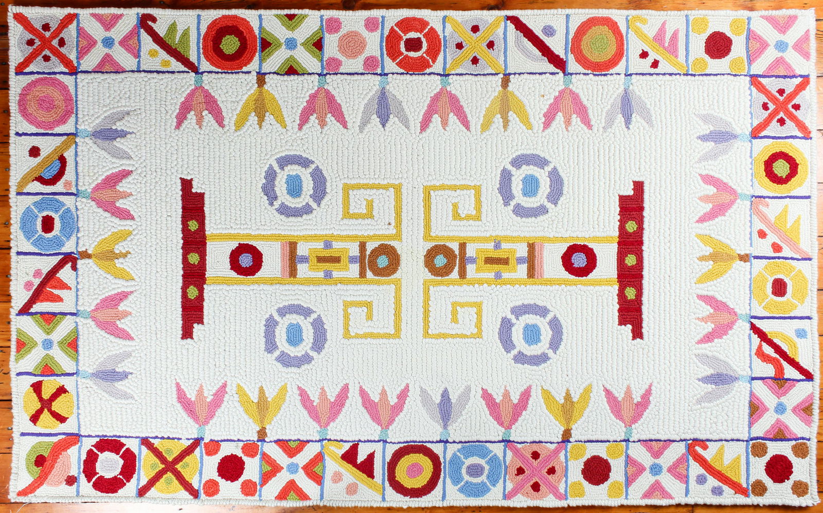 Mid Century Tapetes Tamacani Mexican Geometric and Floral Motif Wool Rug (1 of 5)