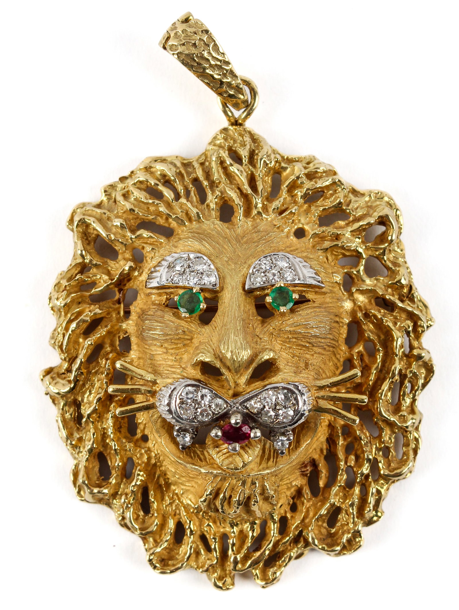 Diamond, Ruby, and Emerald 18K Yellow Gold Lion's Head Pendant Brooch (1 of 5)