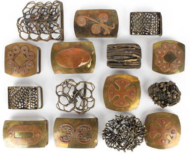 Fifteen Brutalist Style Copper, Brass and Metal Belt Buckles: Description: A collection of fifteen brutalist, geometric and abstract design belt buckles. Type: Belt buckles Materials: Copper, brass, metal Markings & Inscriptions: Mostly unmarked, eight stamped "